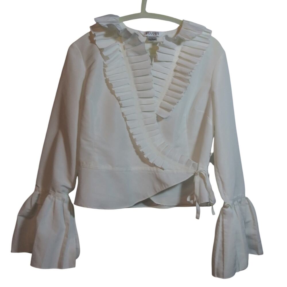 Allison Taylor White Dramatic Pleated Ruffle Collar Wrap Top Size 8